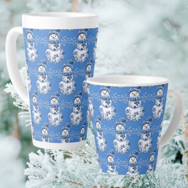 Cheerful Blue White Happy Snowman  Milchtasse (Warm up with a gingerbread latte!)