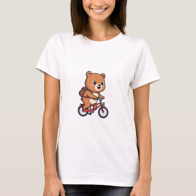 Cheerful Brown Bear Riding Red Bicycle T-Shirt (Vorderseite)
