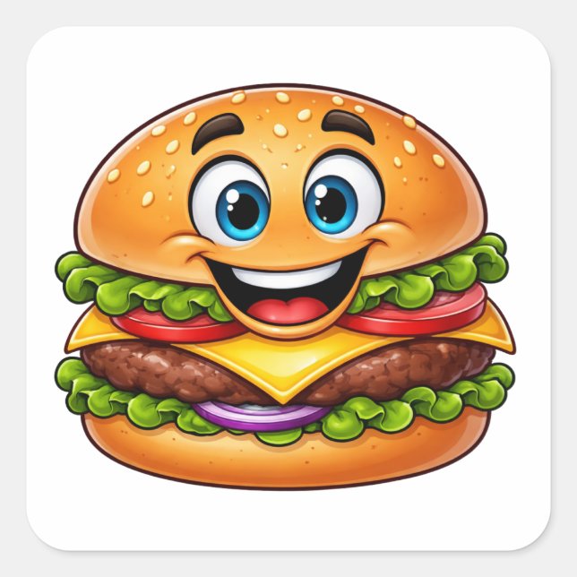 Cheerful Burger Character With Vibrant LayeSticker Quadratischer Aufkleber (Vorderseite)