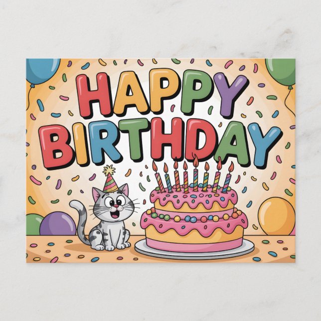Cheerful Cartoon Cat Happy Birthday Illustration Postkarte (Vorderseite)