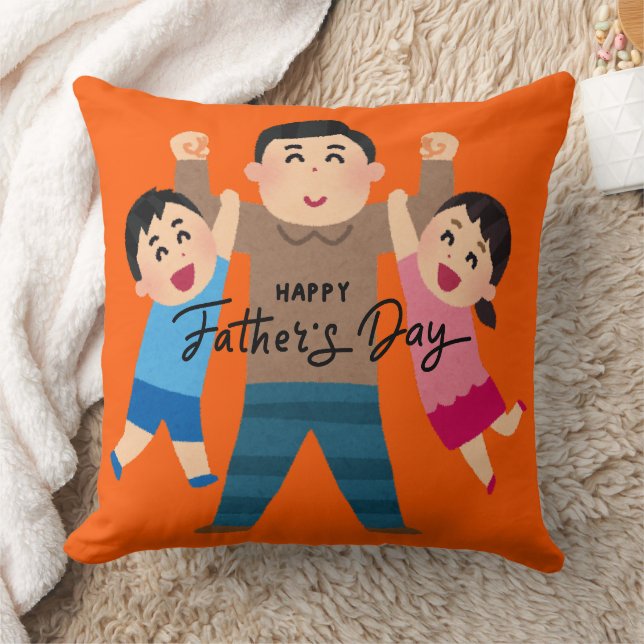 Cheerful Cartoon Dad Hugging Two Kids Kissen (Decke)