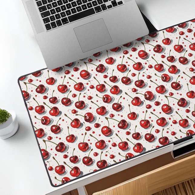 Cheerful Cherries Red White Frucht Muster Küche Schreibtischunterlage (Red cherry kitchen laptop desk mat, a fun fruit pattern for foodies)