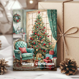 Cheerful cozy Christmas interior rustic red green Feiertagskarte