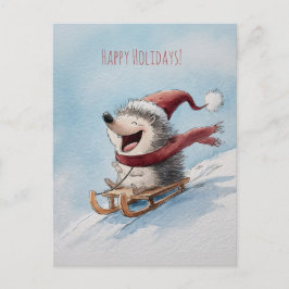 Cheerful hedgehog rides sled down, Christmas Postkarte