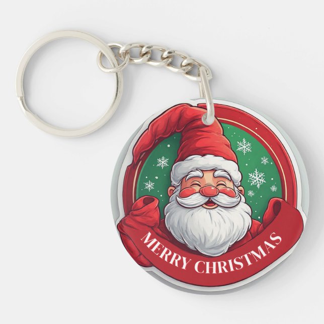 Cheerful Santa Claus Cartoon Portrait Schlüsselanhänger (Vorderseite)