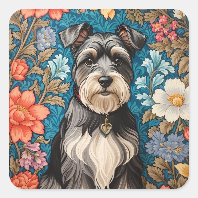 Cheerful Schnauzer William Morris Inspired Floral Quadratischer Aufkleber (Vorderseite)