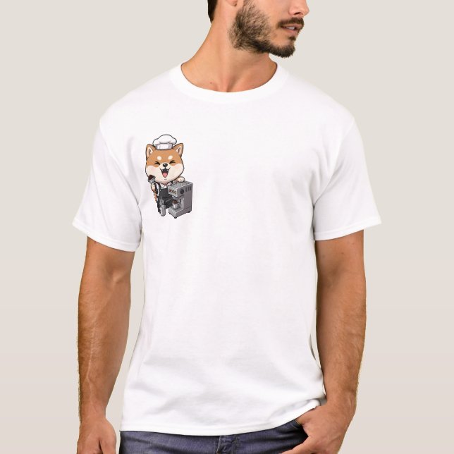 Cheerful Shiba Inu Barista with Espresso Machine T-Shirt (Vorderseite)