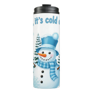Cheerful Winter Snowman with Pine Trees Thermosbecher
