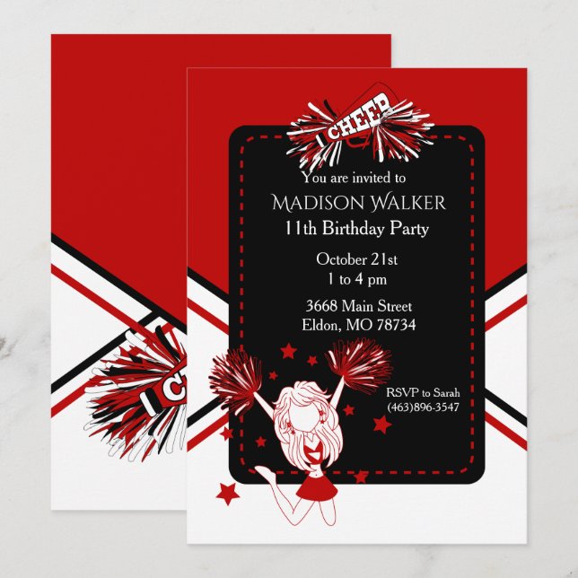 Cheerleader Birthday Party in Dark Red Einladung (Vorne/Hinten)