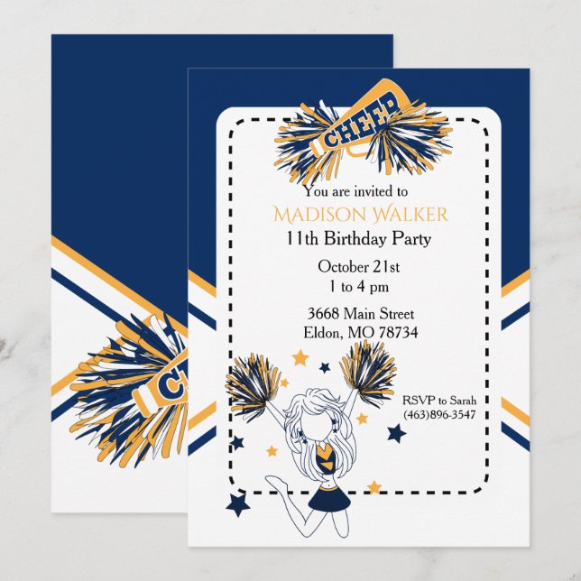 Cheerleader Birthday Party in Navy Blue & Gold Einladung (Vorne/Hinten)