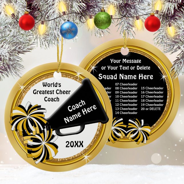 Cheerleader Coach Geschenkideen, Personalisiert Keramik Ornament (Cheer coach Christmas gifts. Personalized Cheer Coach Gifts. Black Gold White, Cheer Coach Ornament.)
