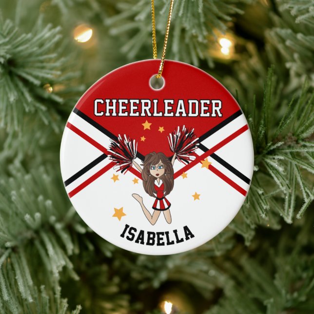 Cheerleader 📣 💖 Girl - Rot, Schwarz & Weiß Keramik Ornament (Baum)