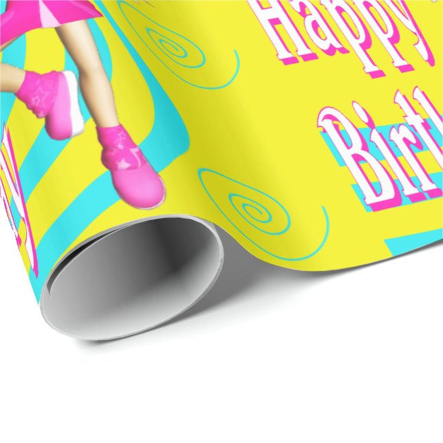 Cheerleader Happy Birthday on Bright Yellow Geschenkpapier (Rolleneckpunkt)