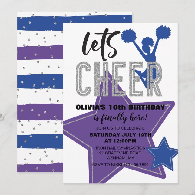 Cheerleader Lila Blue Cheer Birthday Einladung (Vorne/Hinten)