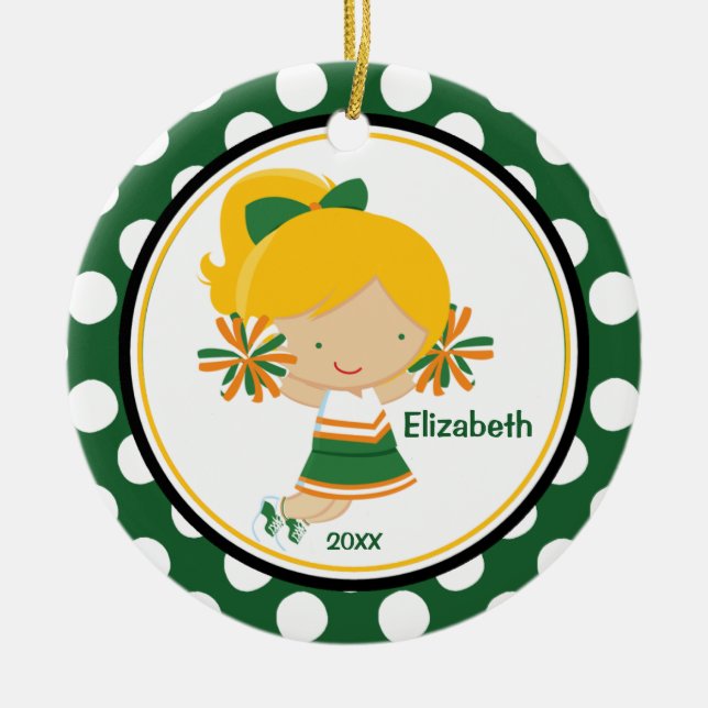 Cheerleader-Mädchen-Weihnachtsverzierungs-grünes Keramik Ornament (Vorne)
