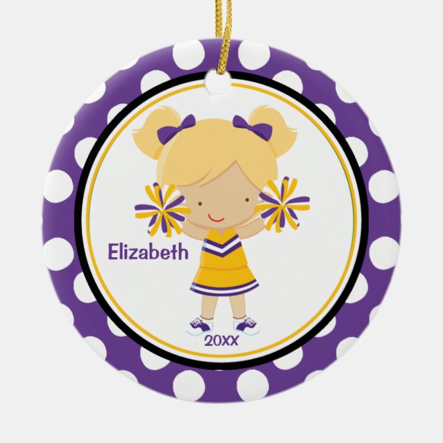 Cheerleader-Mädchen-Weihnachtsverzierungs-lila Keramikornament (Vorne)