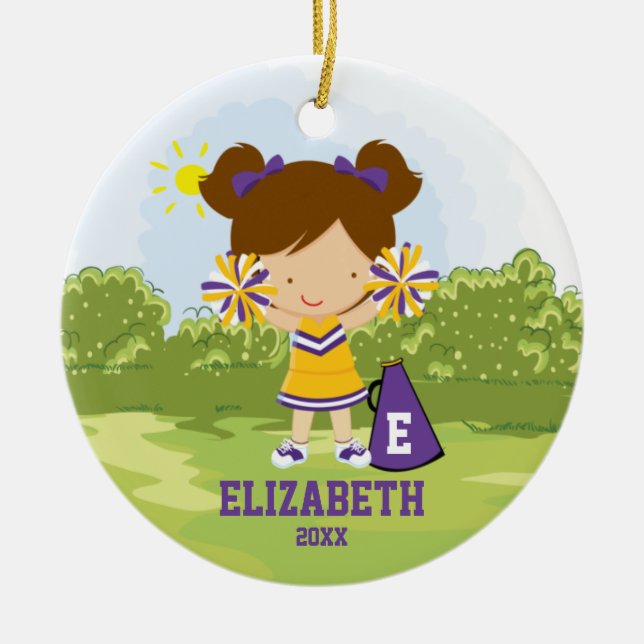 Cheerleader-Mädchen-Weihnachtsverzierungs-lila Keramikornament (Vorne)