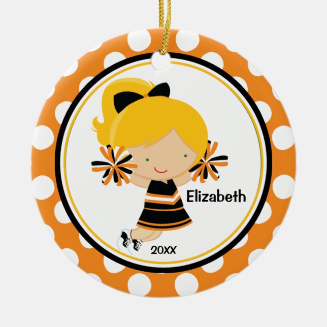 Cheerleader-Mädchen-Weihnachtsverzierungs-orange Keramikornament (Vorne)