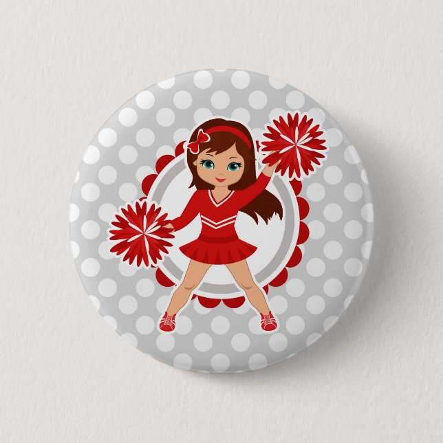 Cheerleader - Niedlicher Brünetter Roter Cheer Button (Vorderseite)