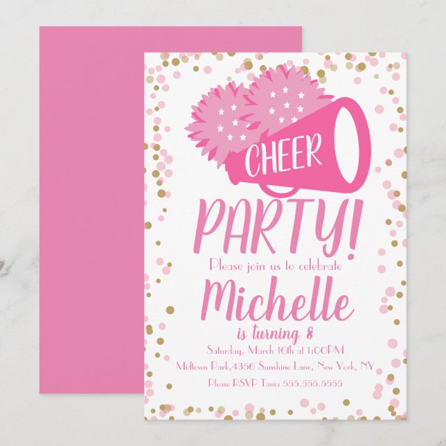 Cheerleader Party Birthday Pink Confetti in Einladung (Vorne/Hinten)