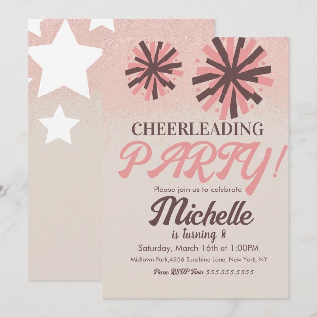 Cheerleader Party Birthday Pink Stars Einladung (Vorne/Hinten)