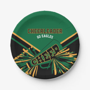 Cheerleaderin in Dunkelgrün, Gold und Schwarz Pappteller