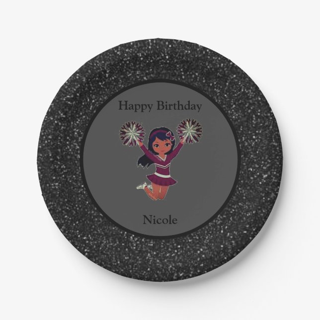Cheerleading "Happy Birthday" Black Sparkle Pappteller (Vorderseite)