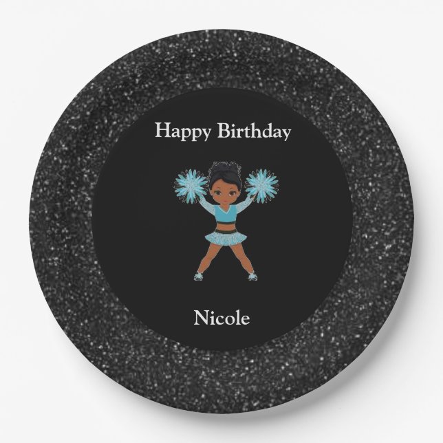 Cheerleading "Happy Birthday" Black Sparkle Pappteller (Vorderseite)