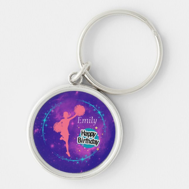 Cheerleading Happy Birthday Galaxy Personalisiert Schlüsselanhänger (Vorne)