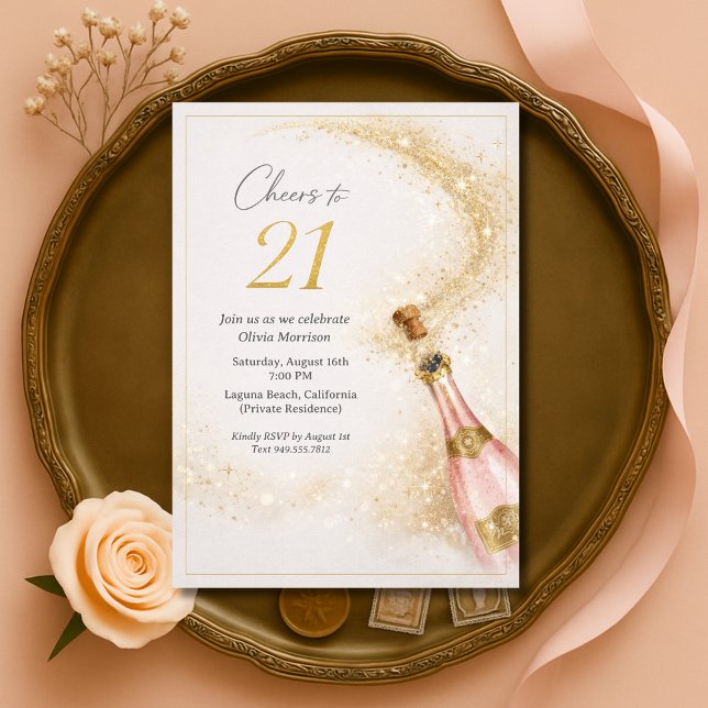 Cheers 21st Birthday Pink Gold Champagne Einladung (Von Creator hochgeladen)