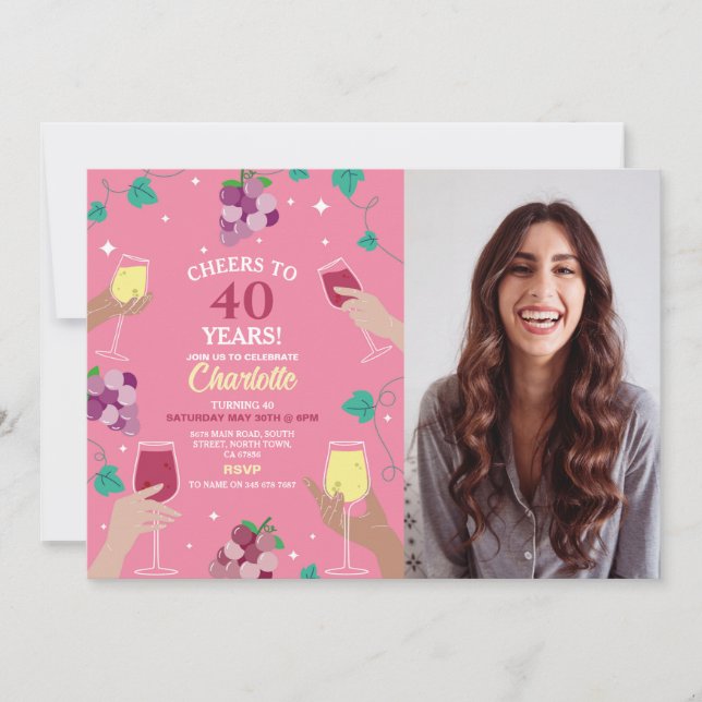 Cheers 40. Geburtstag Wein Degustation Party Rosa  Einladung (Vorderseite)