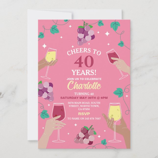 Cheers 40. Geburtstag Wein Verkostung Party Rosa Einladung (Vorderseite)