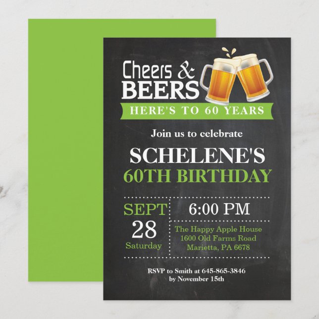 Cheers and Beers 60th Birthday Invitation Card (Devant / Derrière)