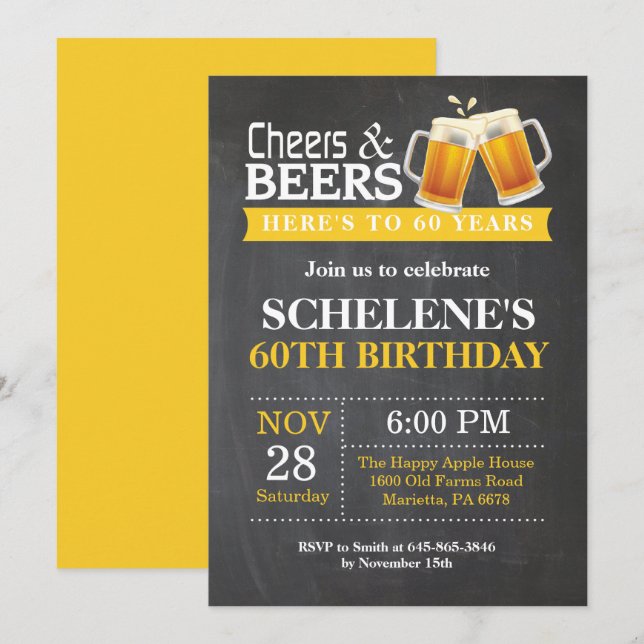 Cheers and Beers 60th Birthday Invitation Card (Devant / Derrière)