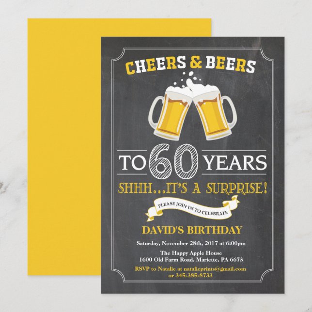 Cheers and Beers 60th Birthday Invitation Card (Devant / Derrière)