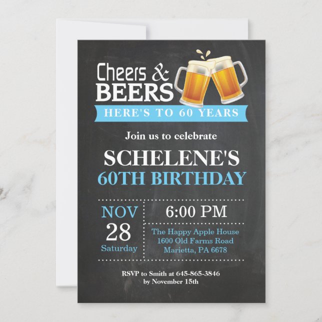 Cheers and Beers 60th Birthday Invitation Card (Devant)