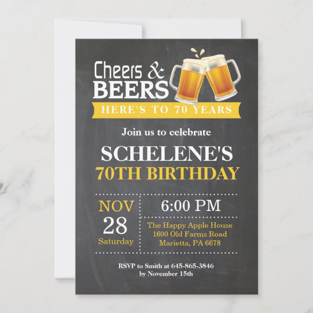 Cheers and Beers 70th Birthday Invitation Card (Devant)