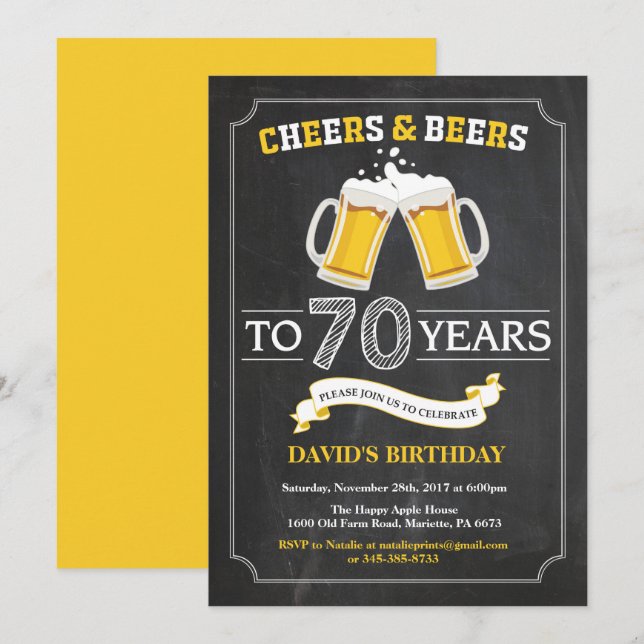 Cheers and Beers 70th Birthday Invitation Card (Devant / Derrière)
