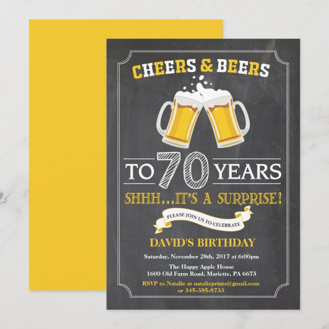 Cheers and Beers 70th Birthday Invitation Card (Devant / Derrière)