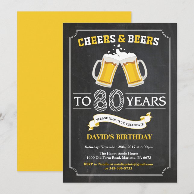 Cheers and Beers 80th Birthday Invitation Card (Devant / Derrière)