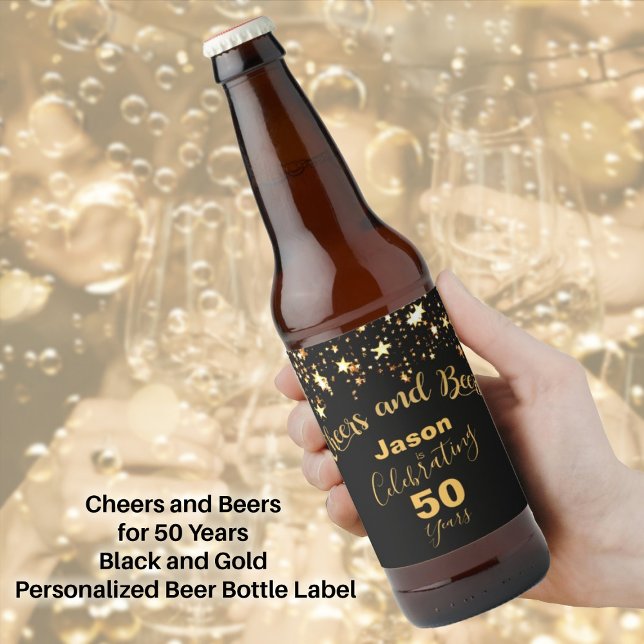 Cheers and Beers for 50 Years Black and Gold Bierflaschenetikett (Cheers and Beers for 50 Years Black and Gold Beer Bottle Label)