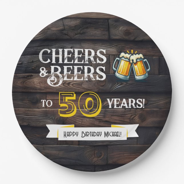 Cheers and Beers to 50 Years Rustic Birthday Pappteller (Vorderseite)