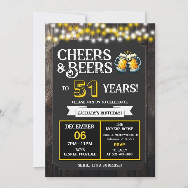 Cheers and Beers to 51 Years Surprise Backyard Einladung (Vorderseite)