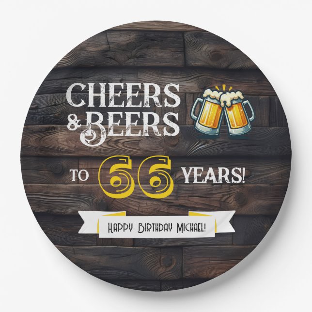 Cheers and Beers to 66 Years Rustic Birthday Pappteller (Vorderseite)