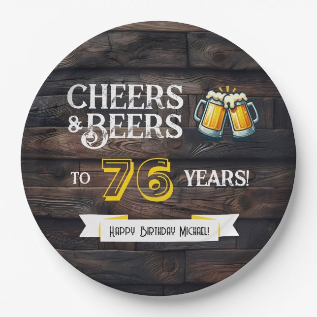 Cheers and Beers to 76 Years Rustic Birthday Pappteller (Vorderseite)