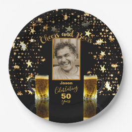 Cheers and Bers Foto Name Age Black + Gold Stars Pappteller