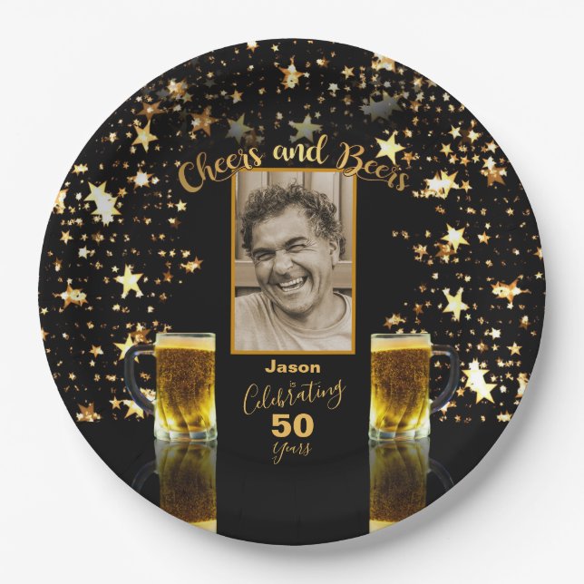 Cheers and Bers Foto Name Age Black + Gold Stars Pappteller (Vorderseite)