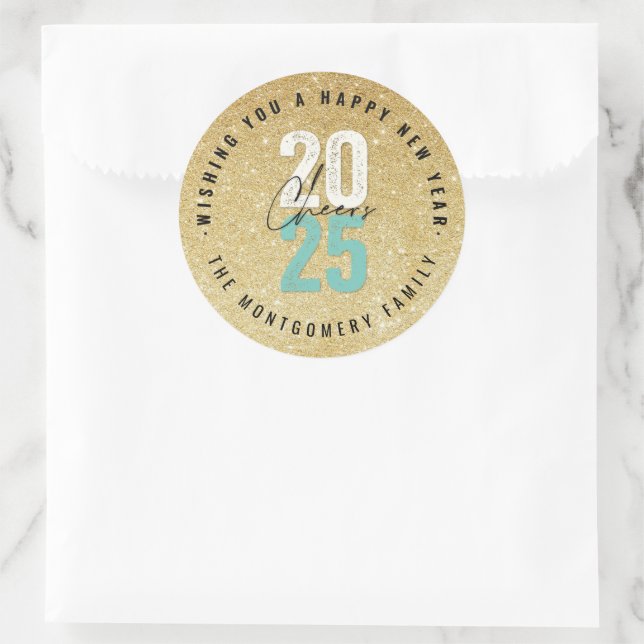 Cheers Aqua 2025 Gold Glitzer Neujahr Urlaub Runder Aufkleber (Tasche)