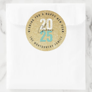 Cheers Aqua 2025 Gold Glitzer Neujahr Urlaub Runder Aufkleber