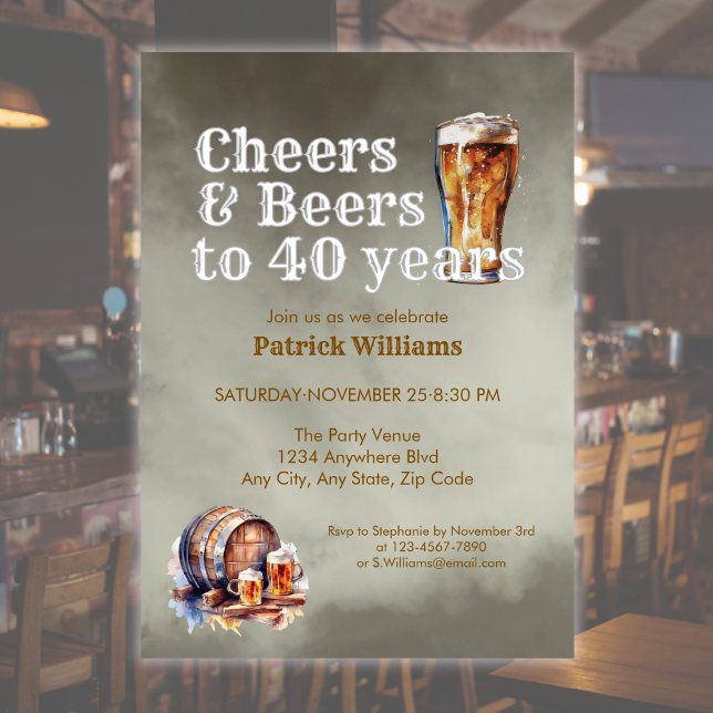 Cheers Beers 40 Years Black Smokey Men's Birthday Einladung (Von Creator hochgeladen)
